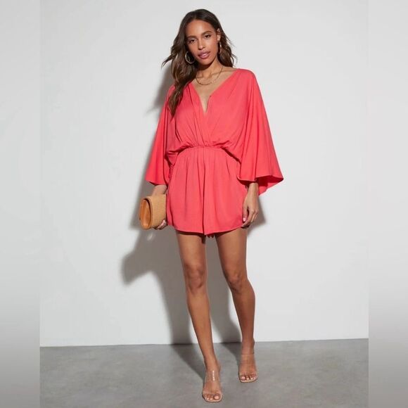 VICI Vibrant Coral V-Neck Romper Size Large - Picture 1 of 14